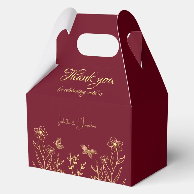 Romantic elegant gold flower burgundy wedding favor boxes (Front)
