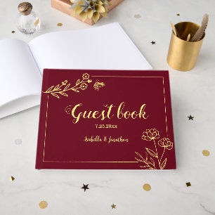 Romantic elegant gold flower burgundy wedding guest book