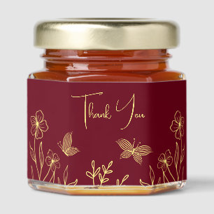 Romantic elegant gold flower burgundy wedding honey jar favors