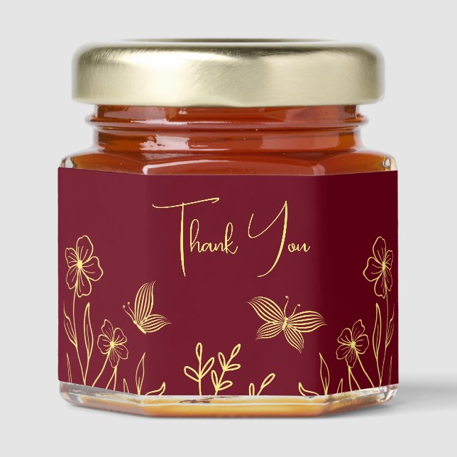 Romantic elegant gold flower burgundy wedding honey jar favors (Front)