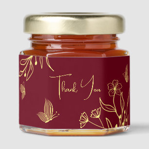 Romantic elegant gold flower burgundy wedding honey jar favors
