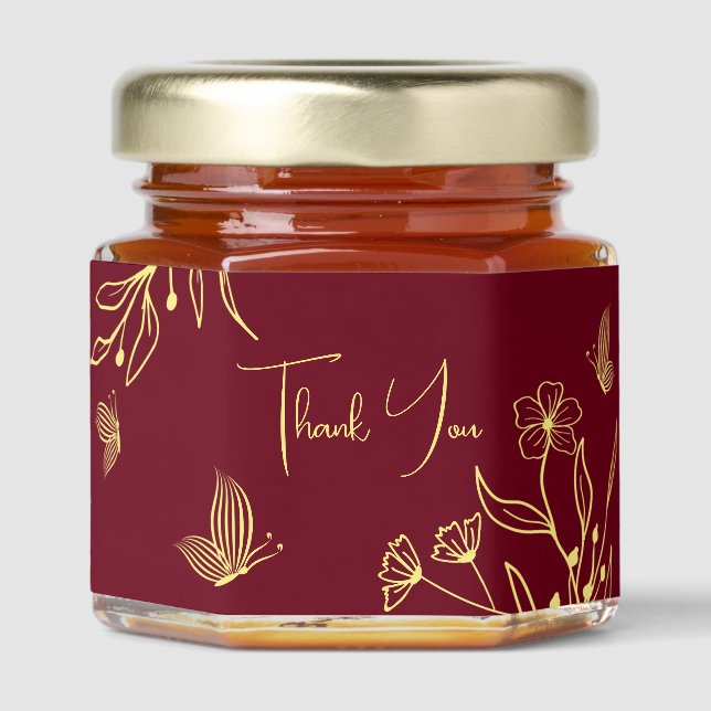 Romantic elegant gold flower burgundy wedding honey jar favors (Front)