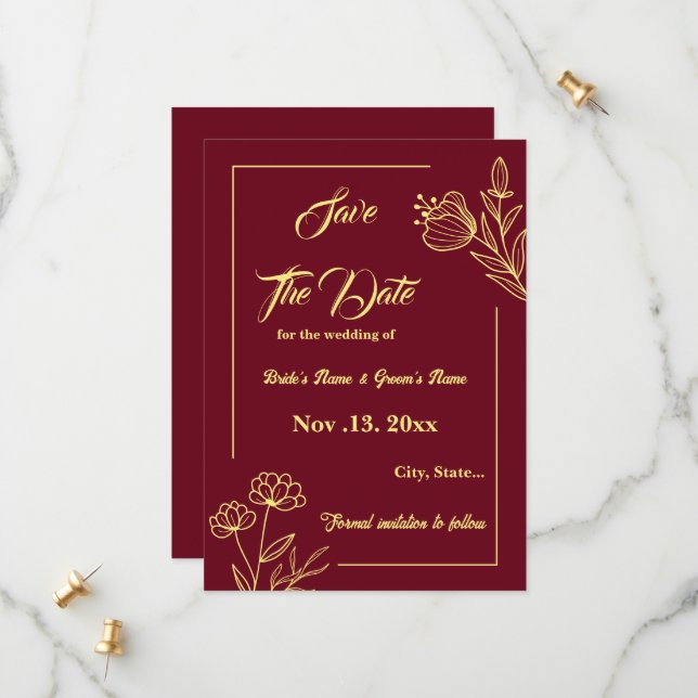 Romantic elegant gold flower burgundy wedding save the date (Front/Back In Situ)