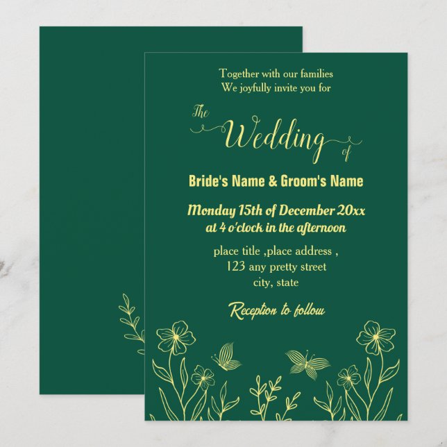 Romantic elegant gold flower emerald green invitation (Front/Back)