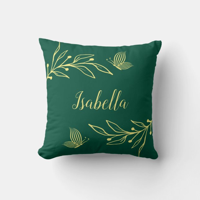 Romantic elegant gold flower emerald green throw pillow (Front)