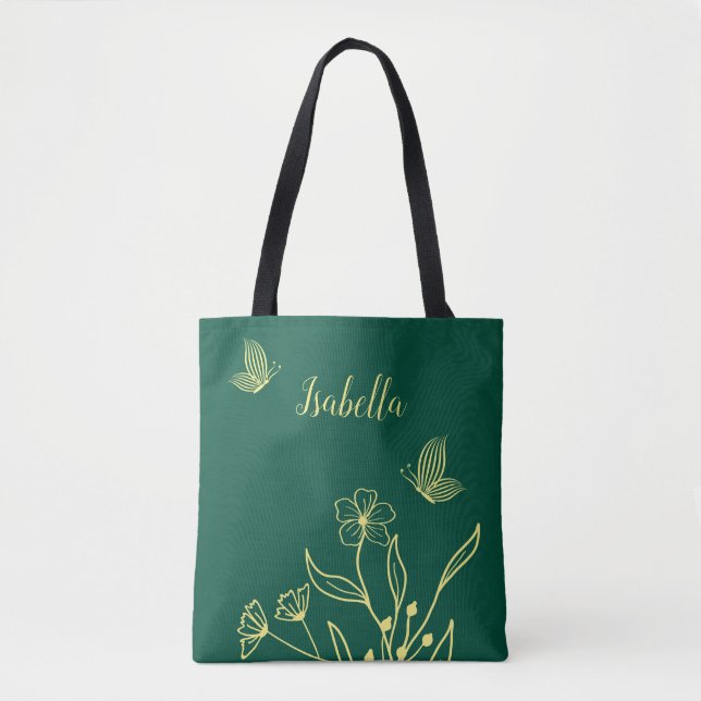 Romantic elegant gold flower emerald green tote bag (Front)