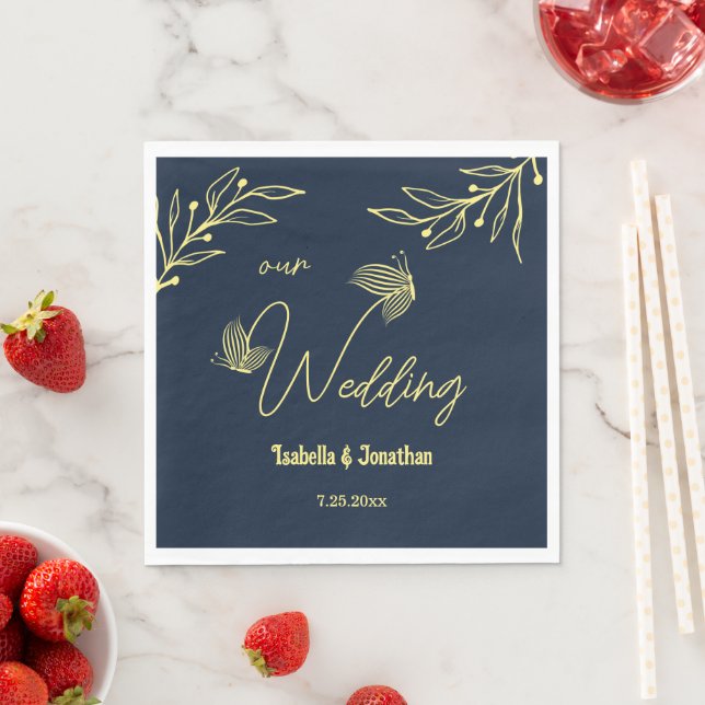 Romantic elegant gold flower navy napkins (Insitu)