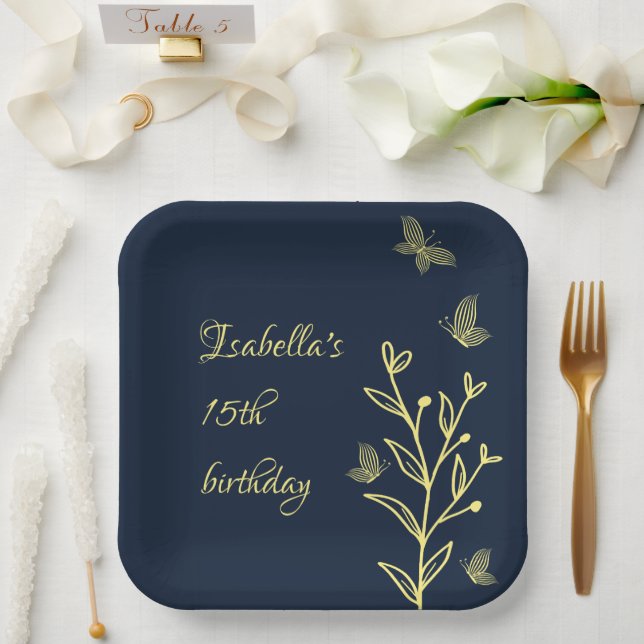 Romantic elegant gold flower navy paper plates (Wedding)