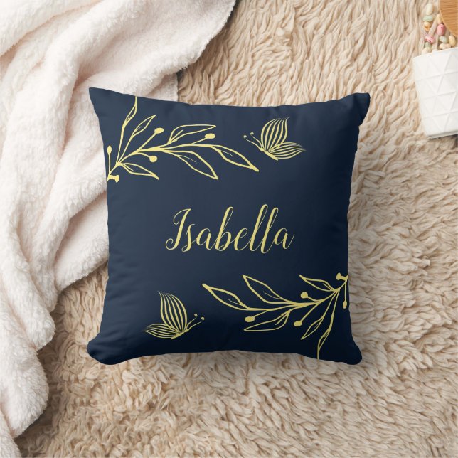 Romantic elegant gold flower navy throw pillow (Blanket)