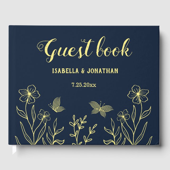 Romantic elegant gold flower navy wedding guest book (Front)