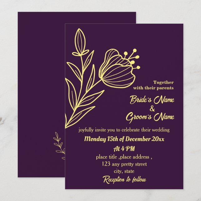 Romantic elegant gold flower purple invitation (Front/Back)