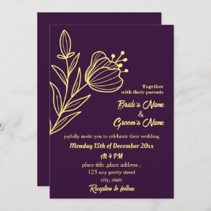 Romantic elegant gold flower purple invitation