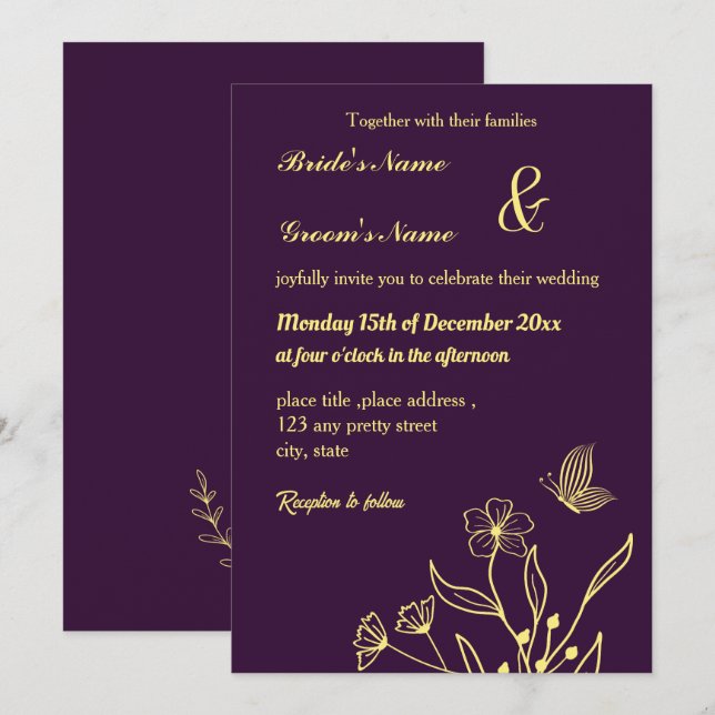 Romantic elegant gold flower purple invitation (Front/Back)