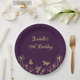Romantic elegant gold flower purple paper plates