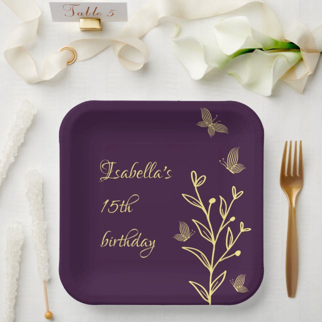 Romantic elegant gold flower purple paper plates (Wedding)