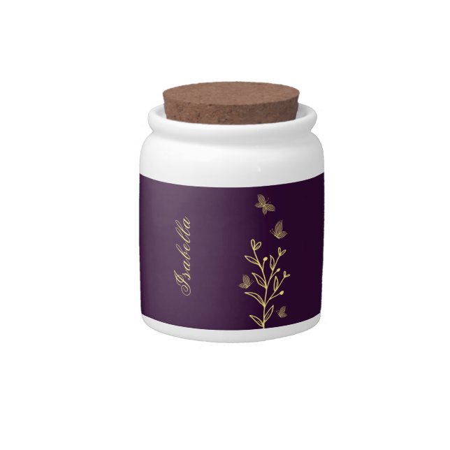Romantic elegant gold flower purple wedding candy jar (Front)