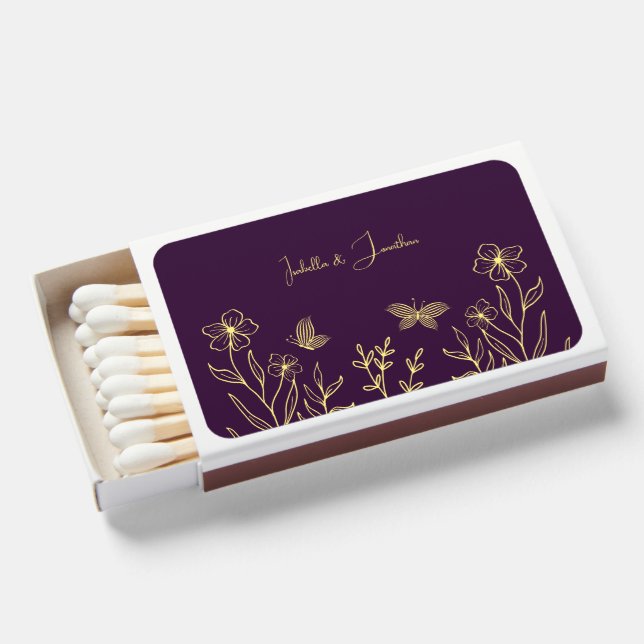 Romantic elegant gold flower purple wedding matchboxes (Front Open)