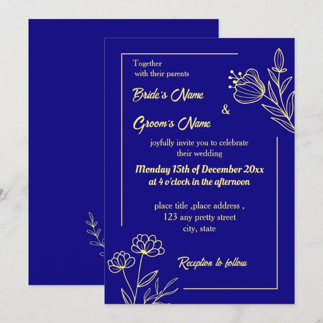Romantic elegant gold flower royal blue invitation (Front/Back)