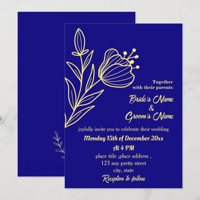 Romantic elegant gold flower royal blue invitation (Front/Back)