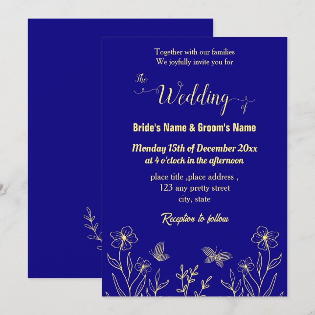 Romantic elegant gold flower royal blue invitation (Front/Back)