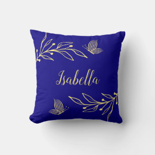 Romantic elegant gold flower royal blue throw pillow