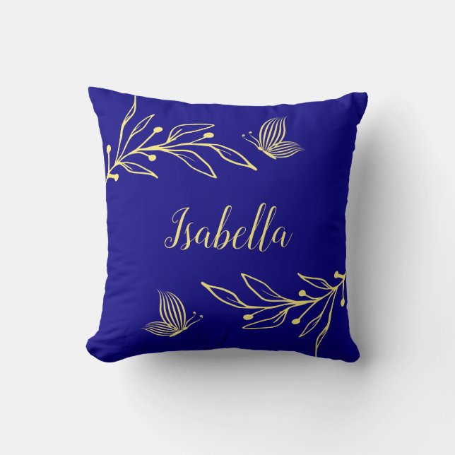 Romantic elegant gold flower royal blue throw pillow (Front)