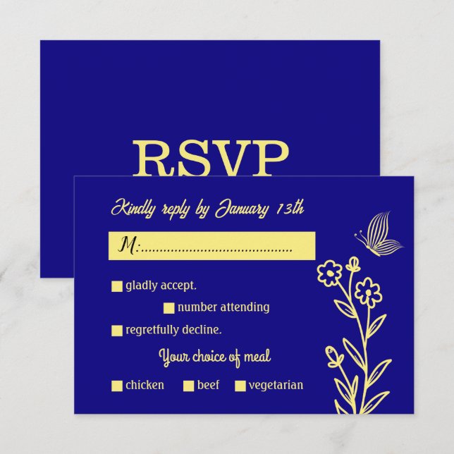 Romantic elegant gold flower royal blue wedding RSVP card (Front/Back)
