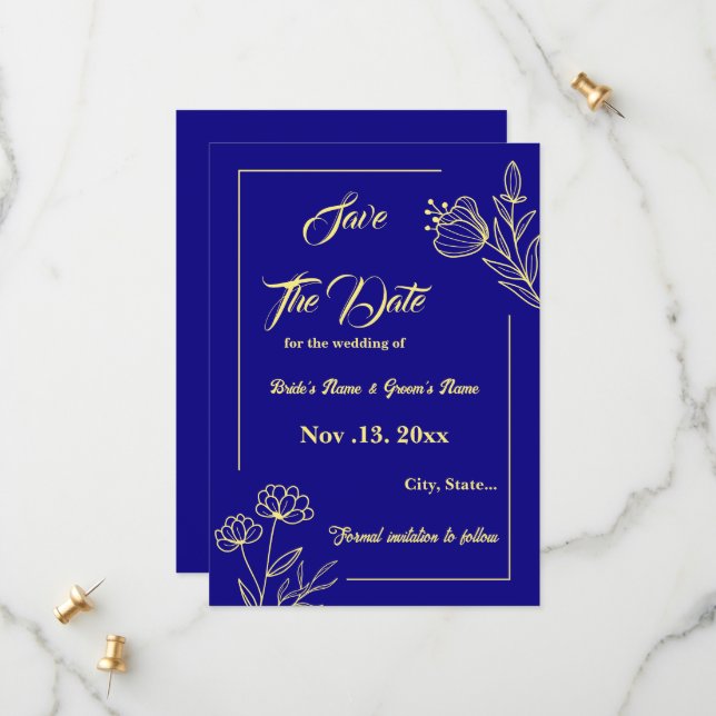 Romantic elegant gold flower royal blue wedding save the date (Front/Back In Situ)
