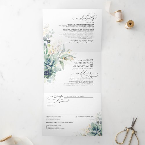 Romantic Elegant Gold Succulents Greenery Wedding  Tri_Fold Invitation