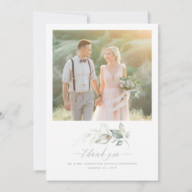 Romantic Elegant Greenery Wedding Thank You Photo (Front)
