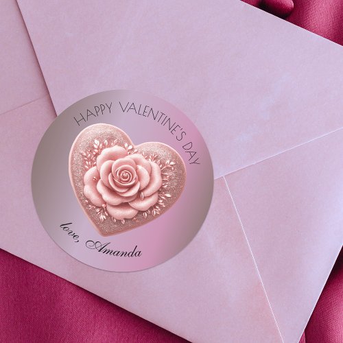 Romantic Elegant Heart Rose Metallic Valentines  Classic Round Sticker
