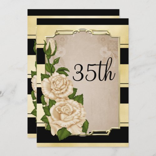 Romantic Elegant Ivory Roses Gold Framed 35th Invitation