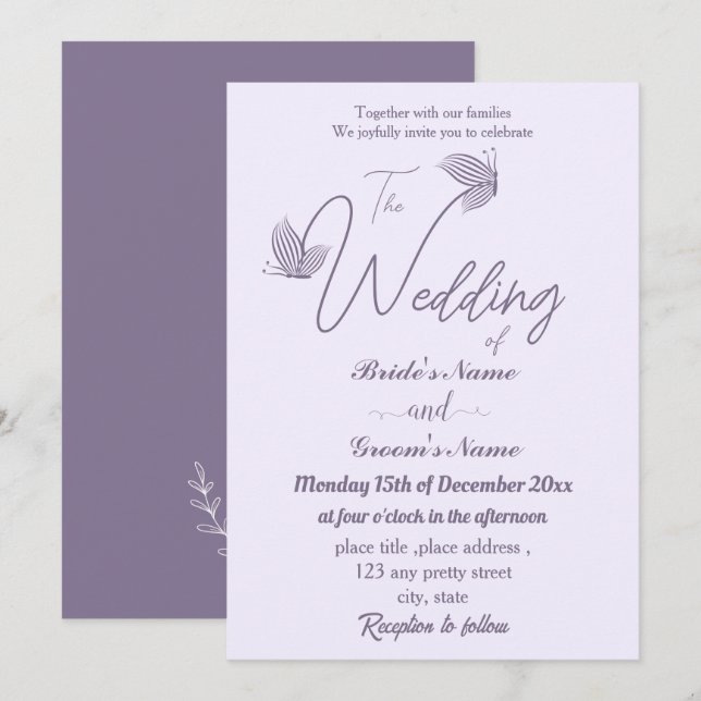 Romantic elegant mauve butterflies wedding invitation (Front/Back)