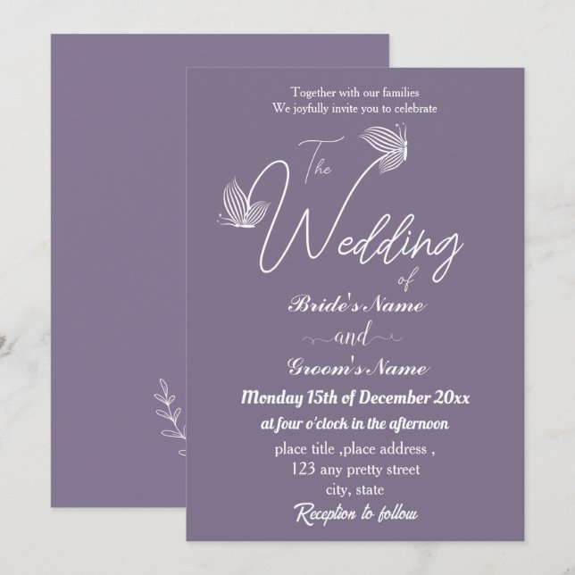 Romantic elegant mauve butterflies wedding invitation (Front/Back)
