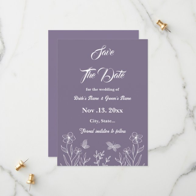 Romantic elegant mauve floral wedding save the date (Front/Back In Situ)