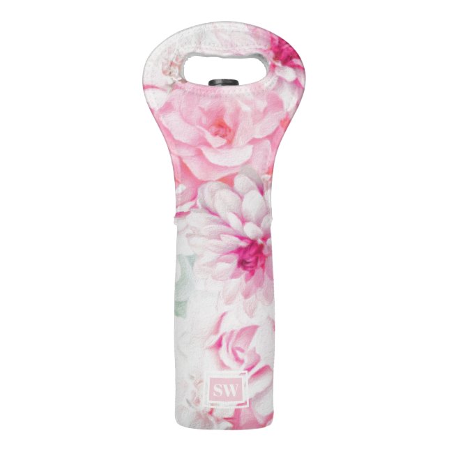 Romantic Elegant Monogram Painted Pink Floral Wine Bag (Front)