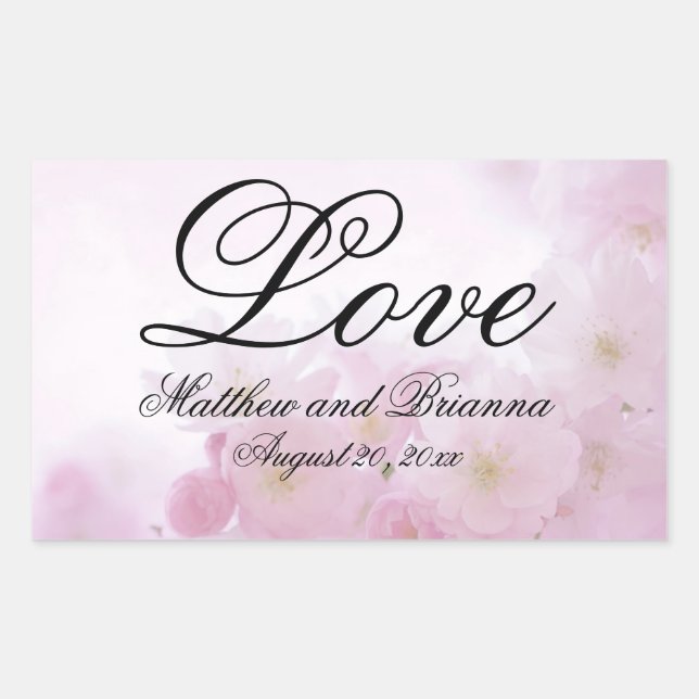 Romantic Elegant Pink Floral Love Wedding Rectangular Sticker (Front)