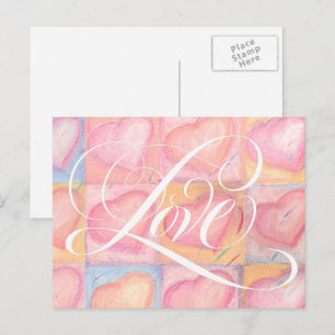 Romantic Elegant Pink Pastel Love Heart Lettering Postcard