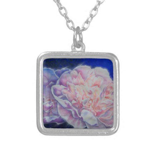 Romantic elegant pink white blue pastel watercolor silver plated necklace