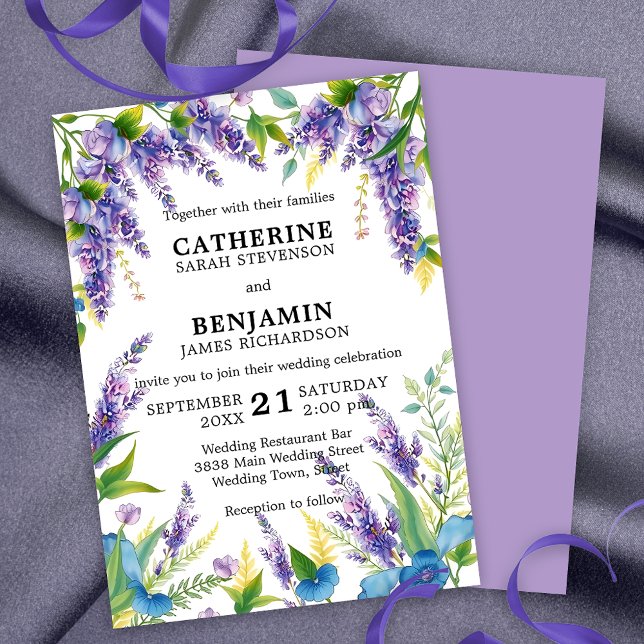 Romantic Elegant Purple and Blue Wisteria Wedding Invitation (Creator Uploaded)