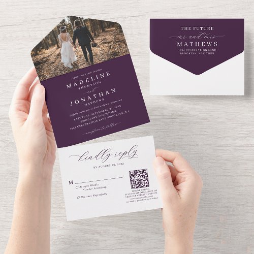 Romantic Elegant Purple Photo QR Code Wedding All In One Invitation