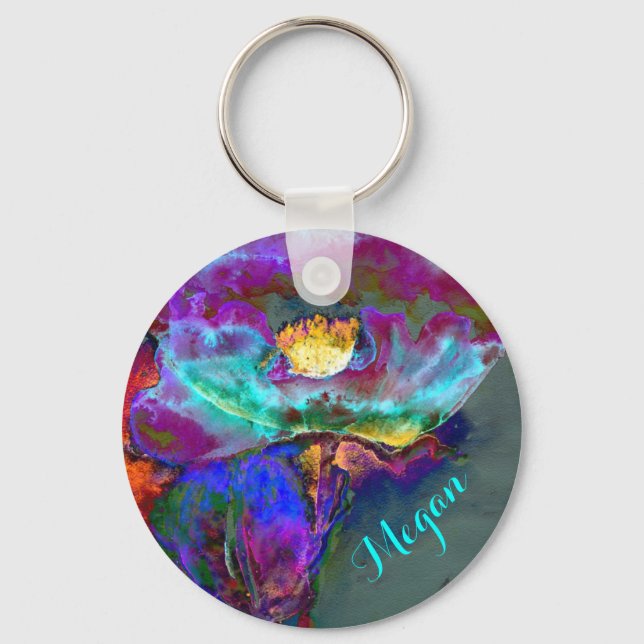 Romantic elegant purple teal flower painting keychain (Front)