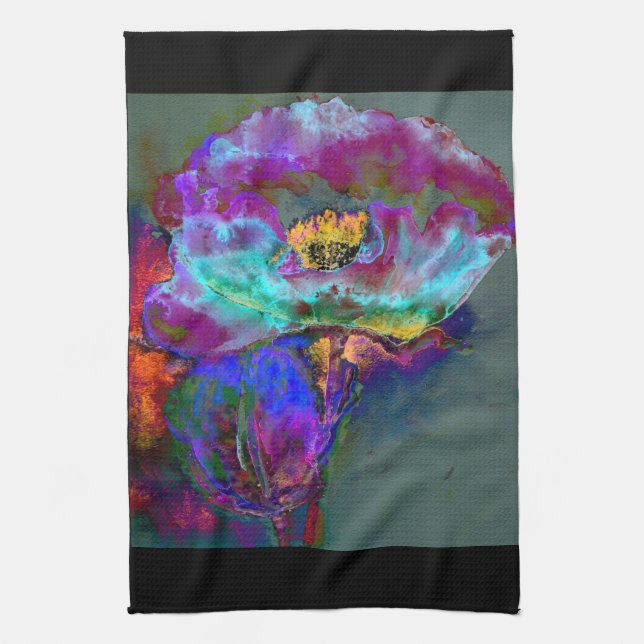 Romantic elegant purple teal flower painting kitchen towel (Vertical)