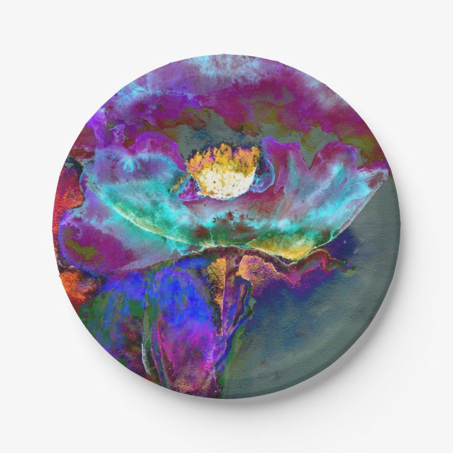 Romantic elegant purple teal flower painting paper plates (Front)