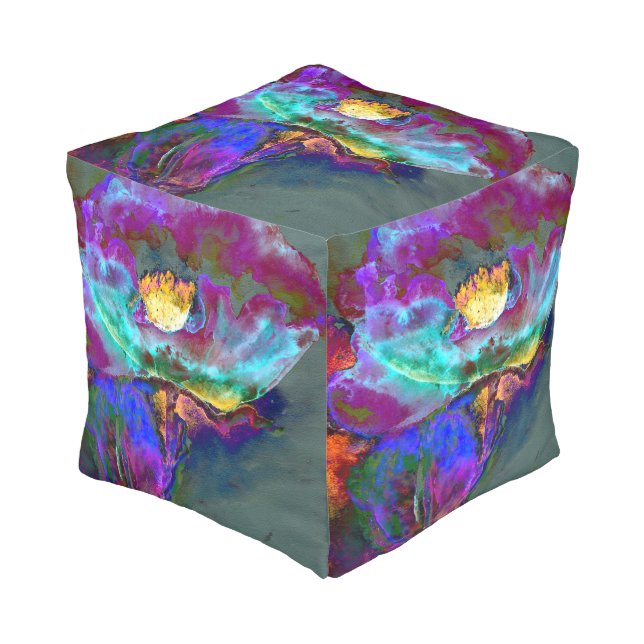 Romantic elegant purple teal flower painting pouf (Angled Front)