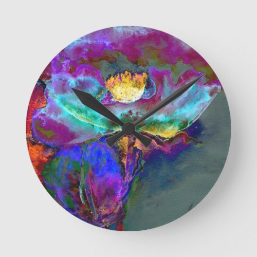 Romantic elegant purple teal flower painting round clock