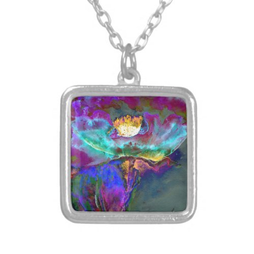 Romantic elegant purple teal flower painting silver plated necklace