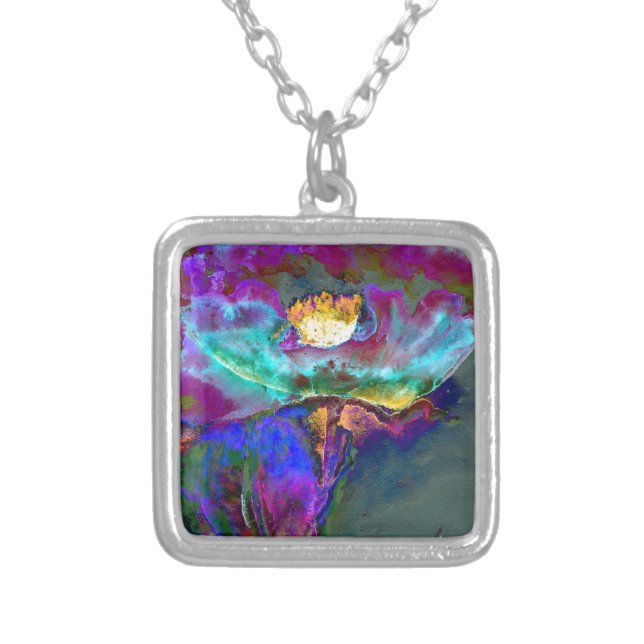 Romantic elegant purple teal flower painting silver plated necklace (Front)