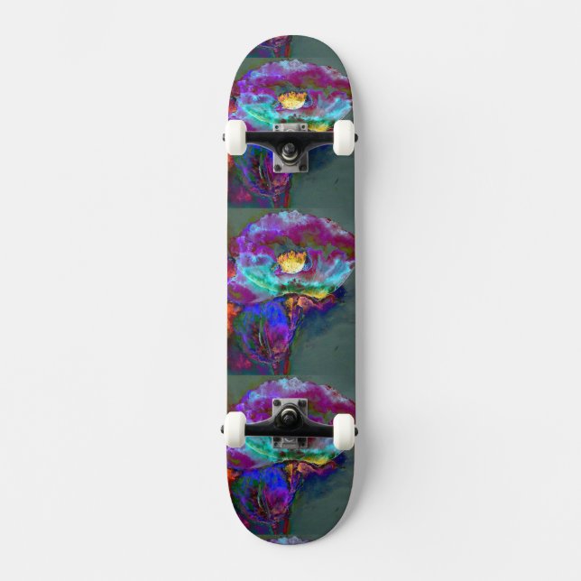 Romantic elegant purple teal flower painting skateboard deck (Front)