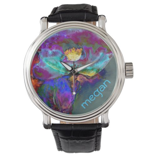 Romantic elegant purple teal flower painting watch